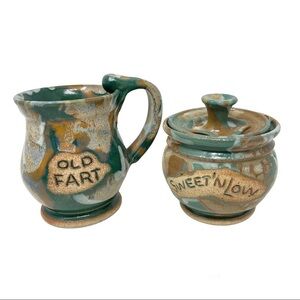2 Piece Old Pottery Mug and Sugar Dish. Old Fart/Sweet n Low Camouflage Design